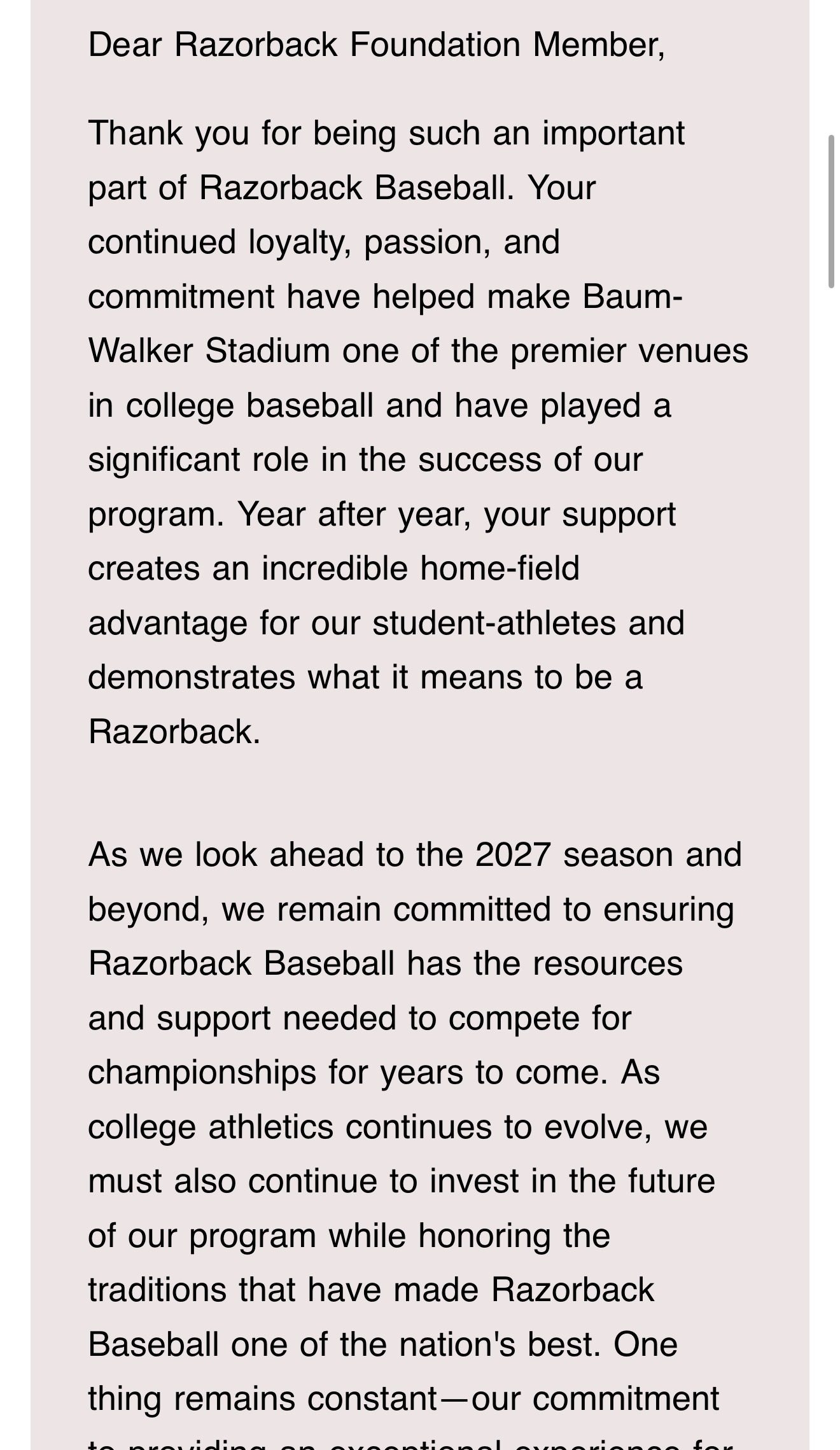 Opening paragraphs of the August 21 email, thanking Foundation members and describing a commitment to invest in the future of the program ahead of the 2027 season.