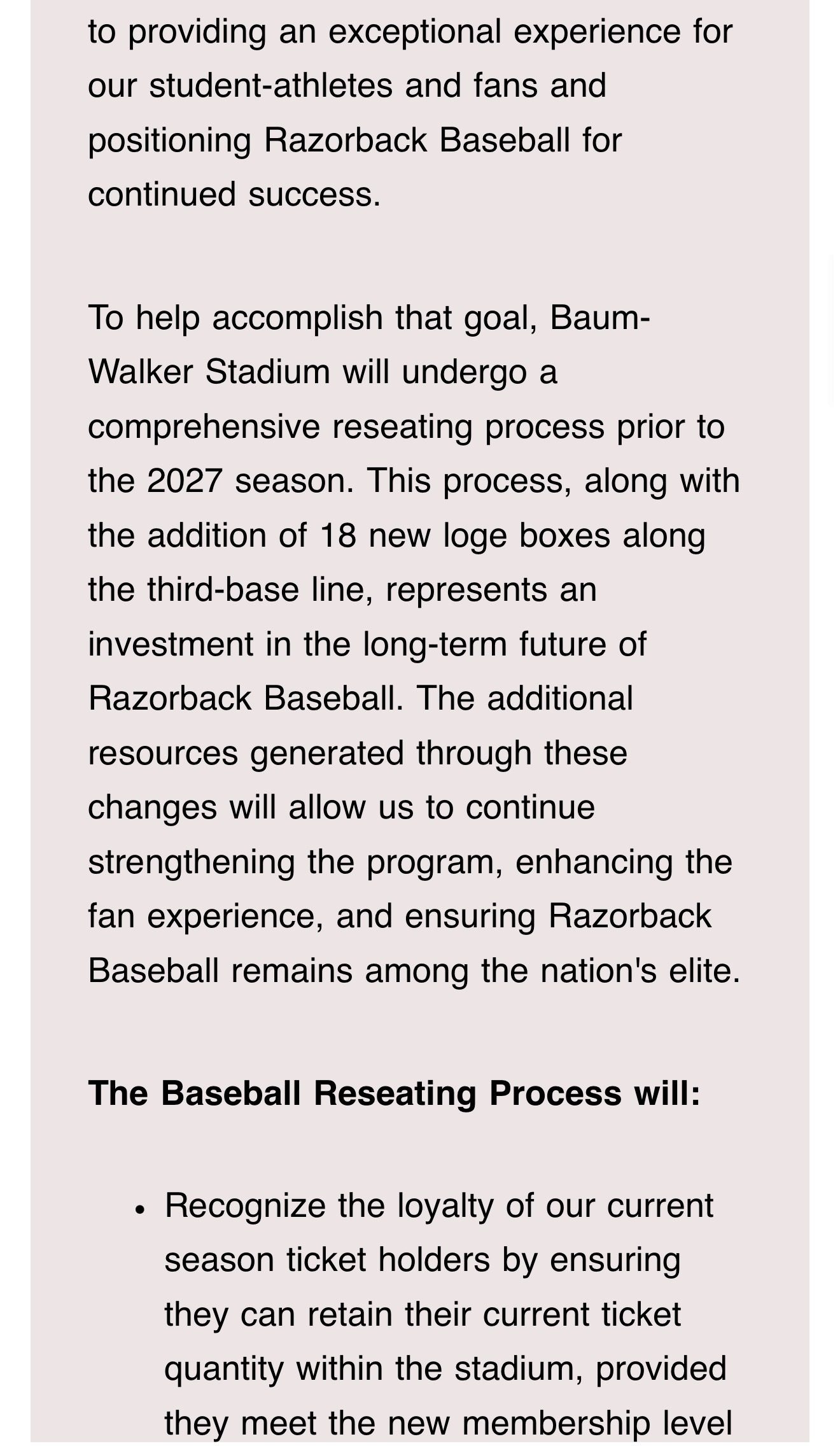 Paragraph of the August 21 email stating that Baum-Walker Stadium will undergo a comprehensive reseating process prior to the 2027 season, along with 18 new loge boxes along the third-base line, followed by the start of a list of what the reseating process will do.