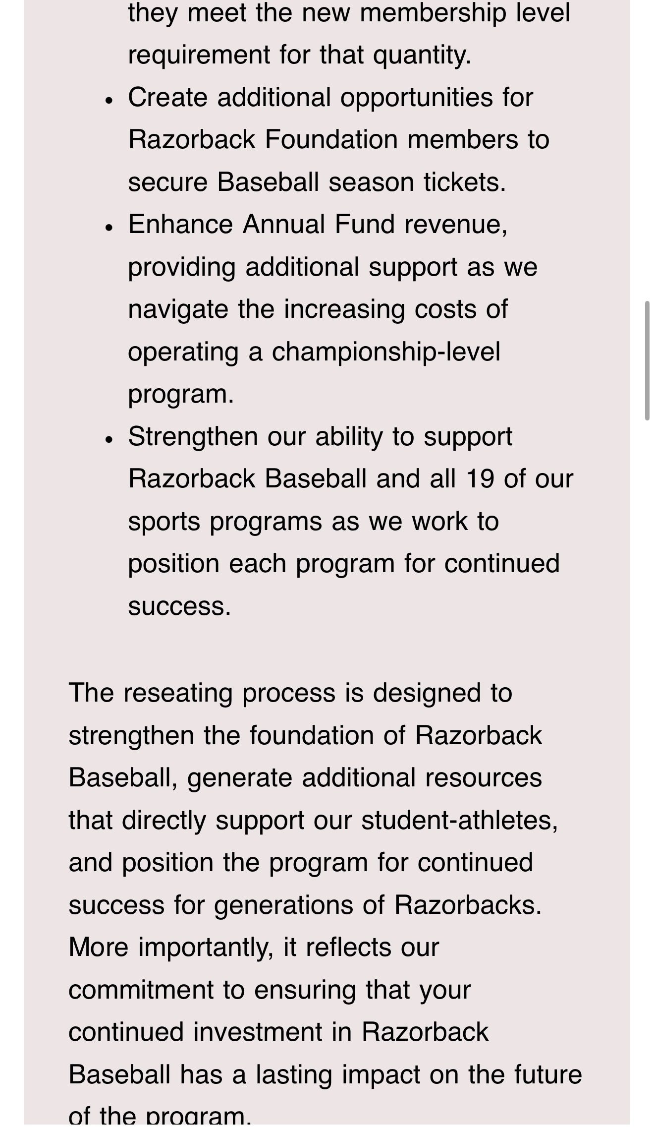 Bullet points of the August 21 email: current season ticket holders can retain their ticket quantity provided they meet the new membership level requirement for that quantity; additional opportunities for Foundation members to secure season tickets; enhanced Annual Fund revenue; and support for all 19 sports programs.