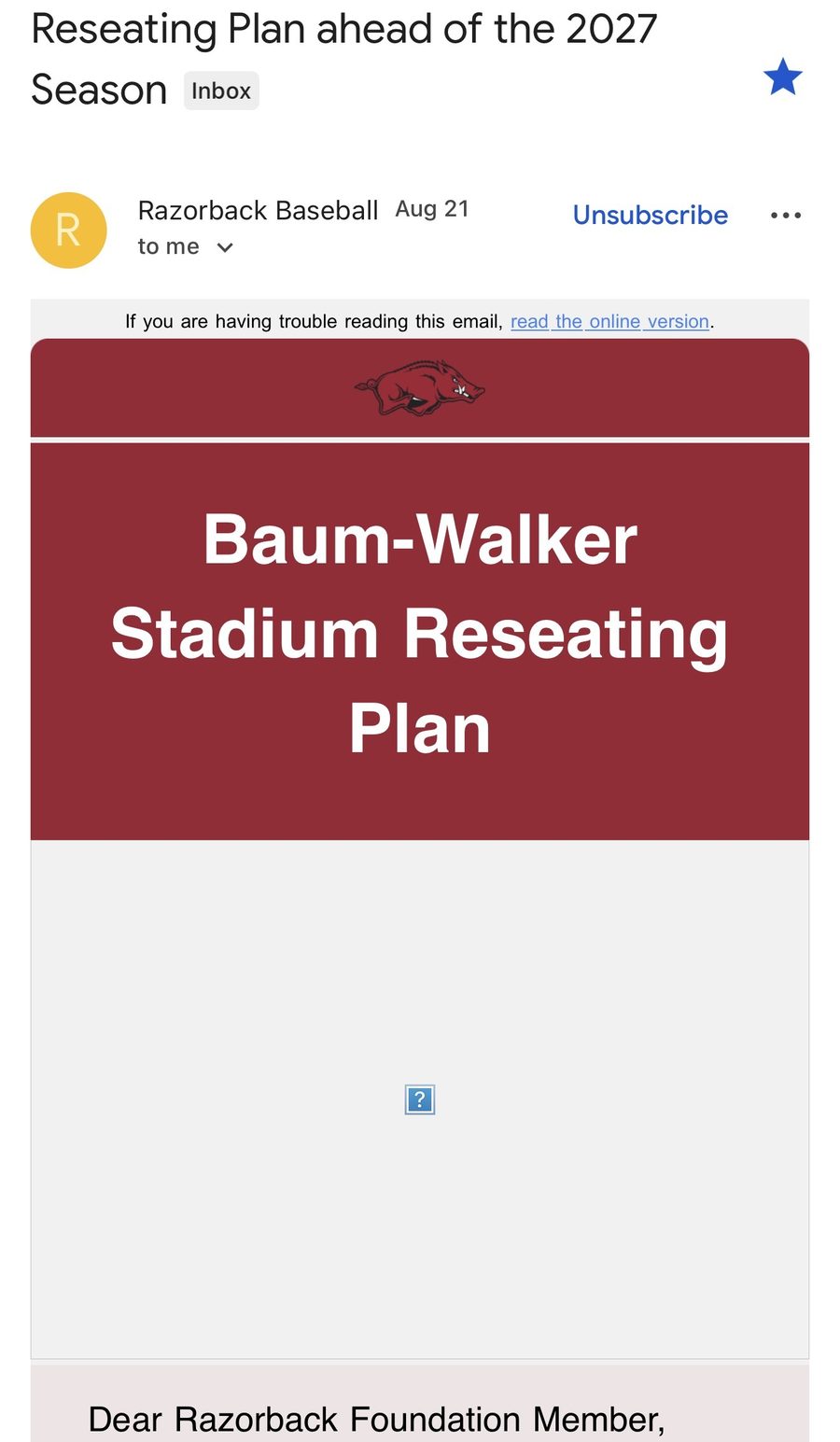 Razorback Baseball email dated August 21 with the subject Reseating Plan ahead of the 2027 Season. A cardinal banner reads Baum-Walker Stadium Reseating Plan, above the greeting Dear Razorback Foundation Member.
