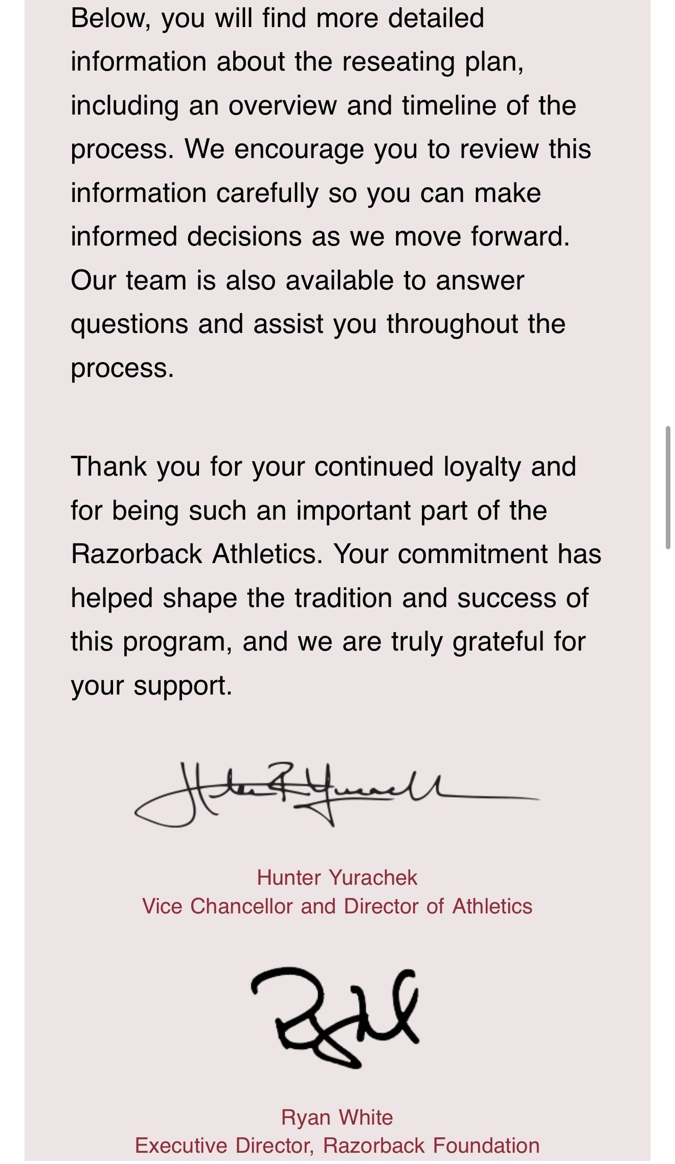 Closing of the August 21 email, signed by Hunter Yurachek, Vice Chancellor and Director of Athletics, and Ryan White, Executive Director, Razorback Foundation.
